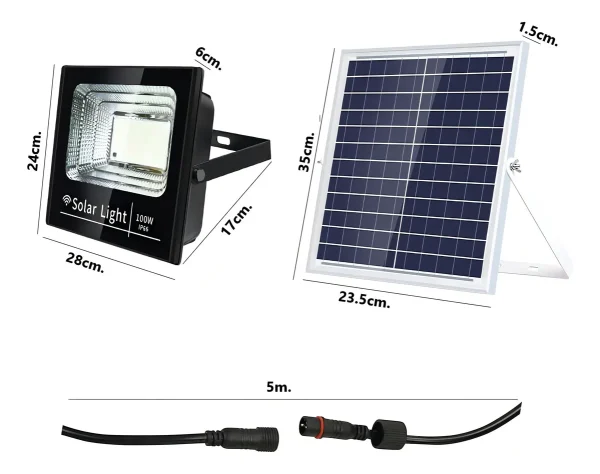 Reflector Solar Led 100w Control Remoto Exterior Ip67 Parque Color De La Carcasa Negro